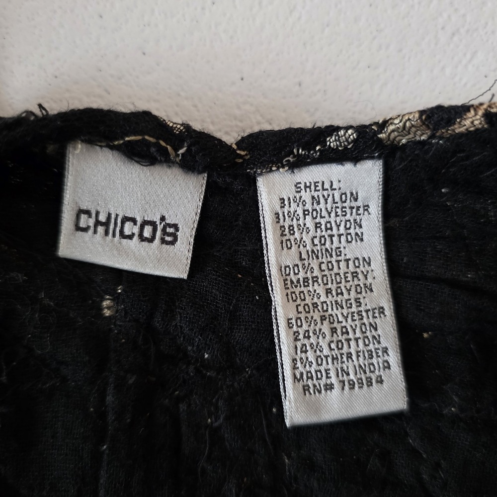 Chico's Kimono Wrap Women One Size Black Gold Embroidered Sequin Sheer Boho Chic - Picture 12 of 14